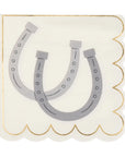 The My Mind's Eye Cocktail Paper Napkin features cream paper with scalloped gold edges and two overlapping gray horseshoes with dot details—ideal for adding a festive touch to your summer barbeque.