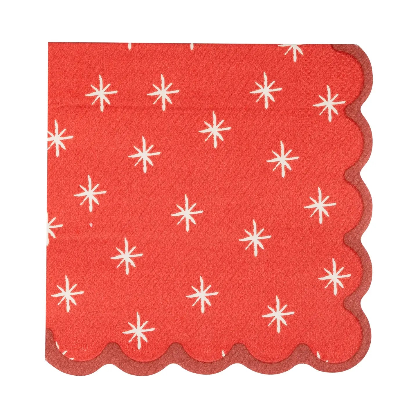 The My Mind's Eye Christmas Cocktail Napkin features a red design with white starburst patterns and a darker red scalloped border—ideal for adding festive flair to your holiday table decor.