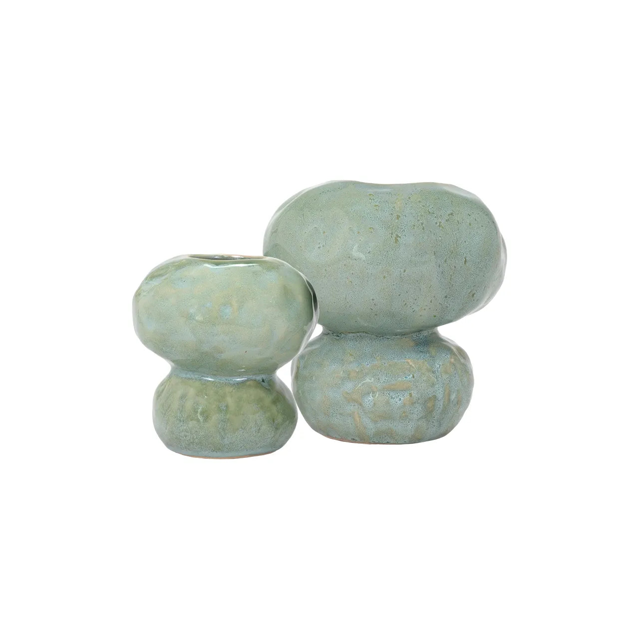 Two small, round Connolly Vases by The Import Collection feature a textured surface and glossy light green finish, placed side by side against a white backdrop—ideal handcrafted ceramic accents for modern organic decor.