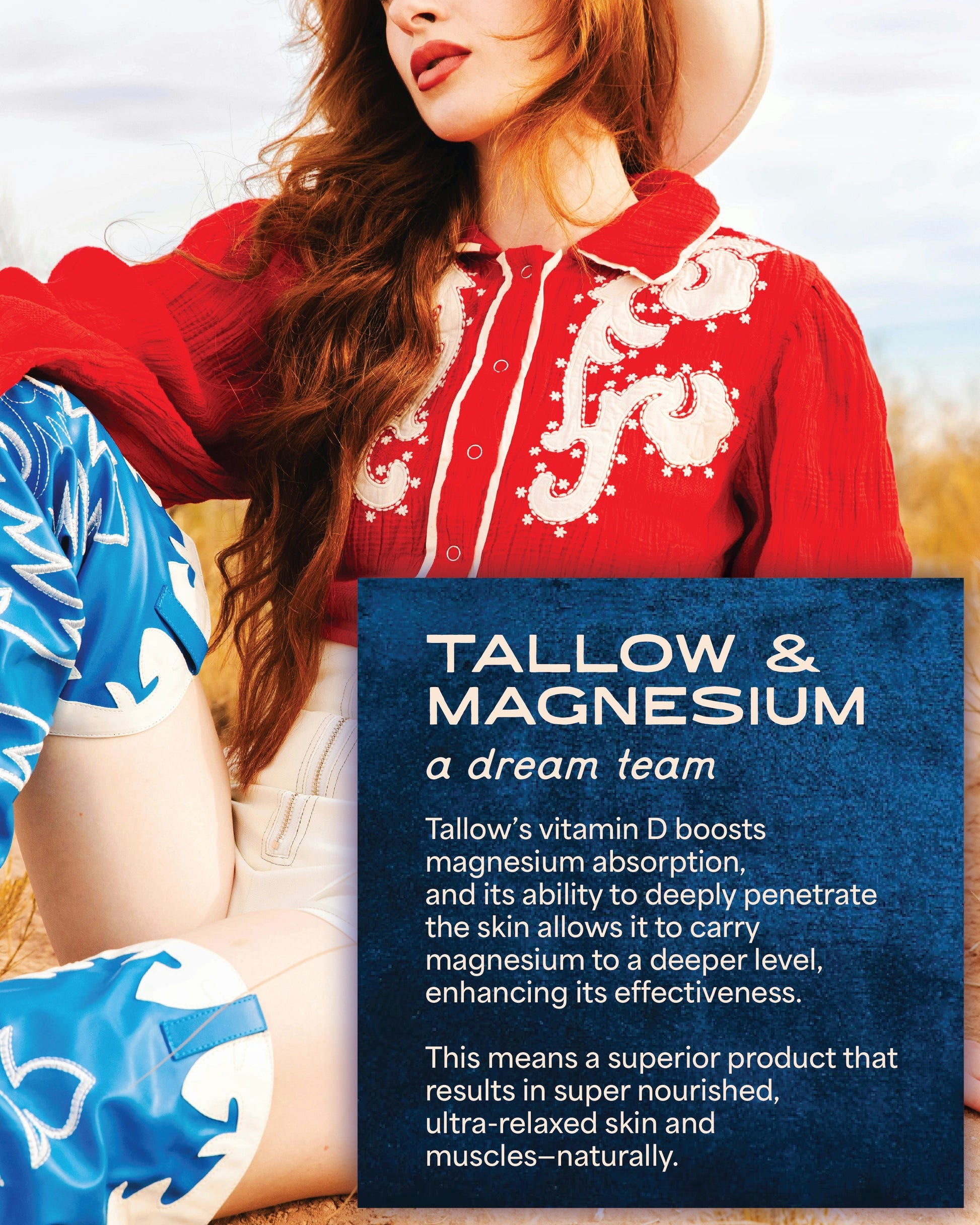 A woman in a red embroidered blouse and blue cowboy boots sits outdoors. Text highlights how Faire Magnesium Lavender Tallow Cream 4oz deeply nourishes and supports vibrant, healthy skin.
