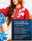 A woman in a red embroidered blouse and blue cowboy boots sits outdoors. Text highlights how Faire Magnesium Lavender Tallow Cream 4oz deeply nourishes and supports vibrant, healthy skin.