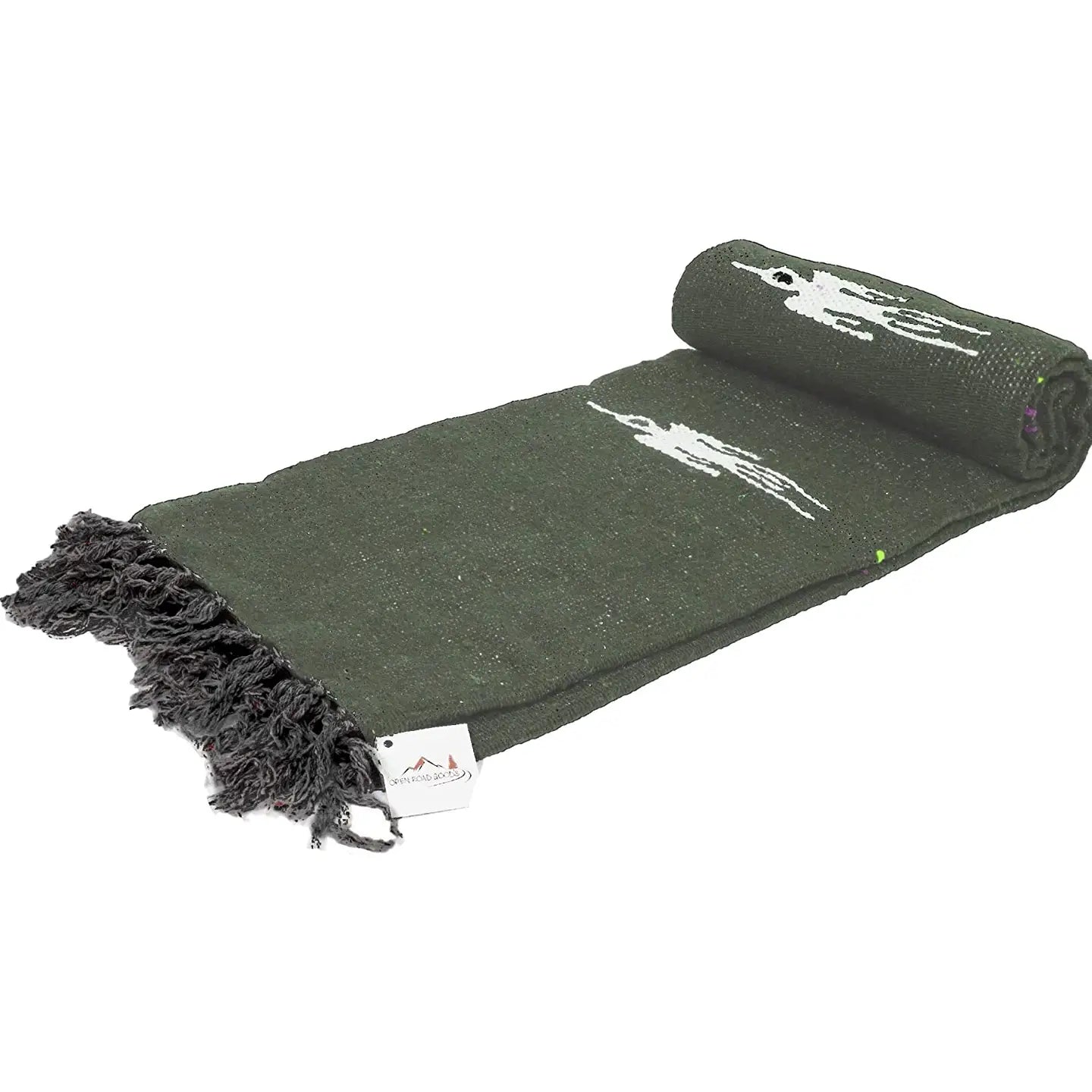 The Olive Green Baja Thunderbird Blanket by Faire features white horse and rider designs, black fringe, and a small fabric tag—handmade in Mexico and perfect for yoga.