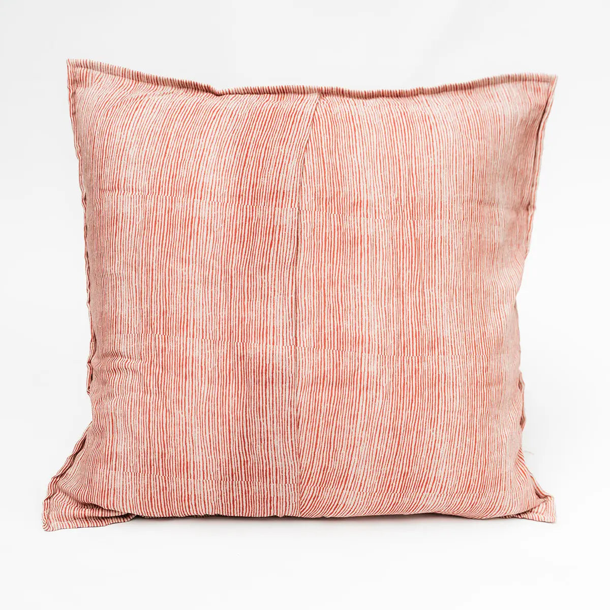 The Blossom Block Print Euro Sham by Faire features a textured pattern of thin, horizontal red and white lines on fabric, artisan crafted for a unique touch, shown against a plain white background.