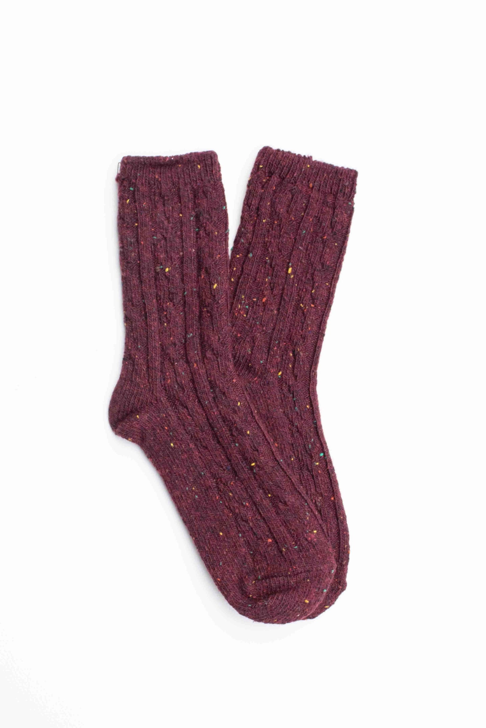 The Faire Wool Speckled Knit Socks are maroon, ribbed, and feature a wool blend with multicolored speckles, shown laid flat on a white background.