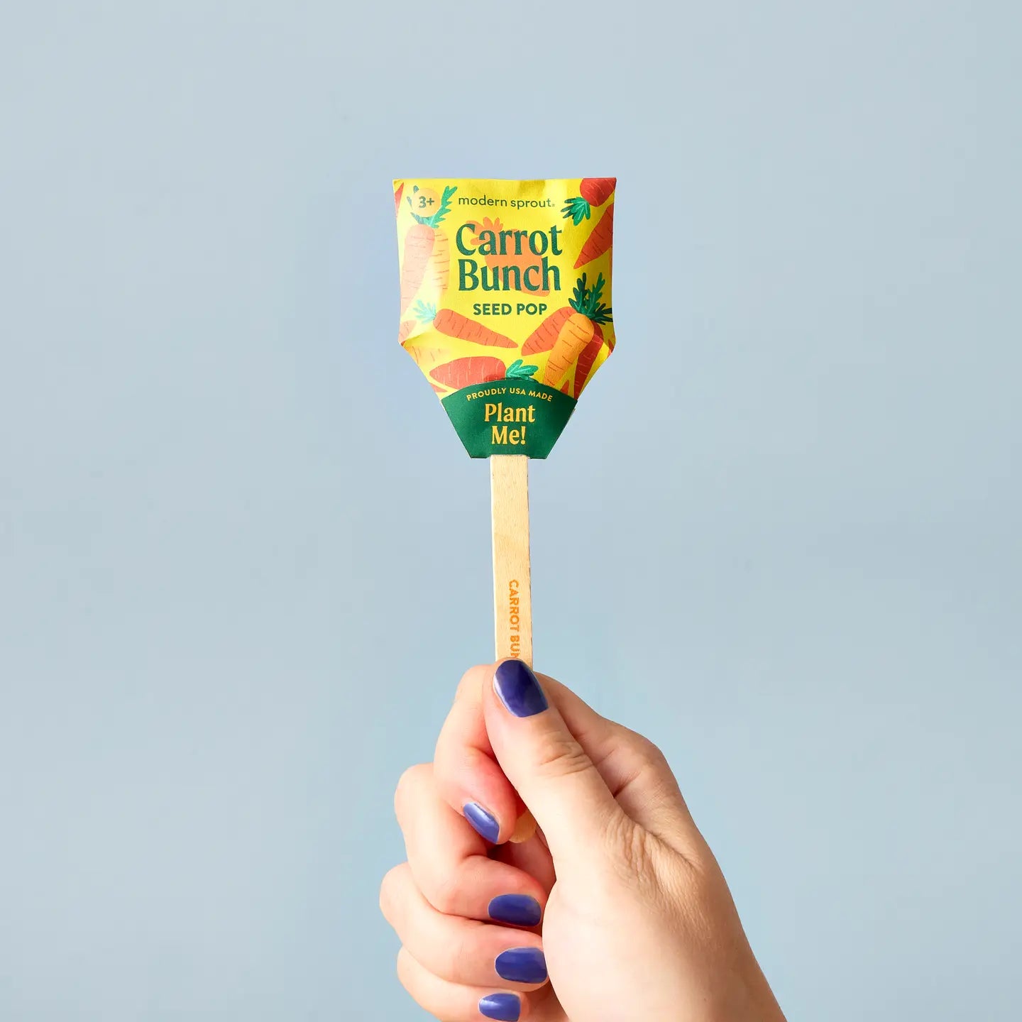 A hand with blue-painted nails holds a Faire Garden Seed Pop against a light blue background. The colorful packaging reads "Plant Me!" and makes starting seeds easy in your vegetable garden.