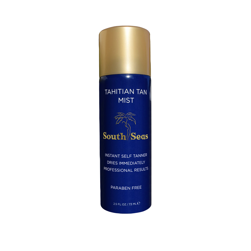 The "Mini Tahitian 2.5oz" by South Seas Skincare is a perfect choice for spray tan touch-ups with its blue and gold packaging. This spray bottle provides an instant self-tanner experience, dries immediately, offers professional results, and is paraben-free. Achieve a subtle mahogany glow in this convenient 2.5 fl oz (73 mL) container.