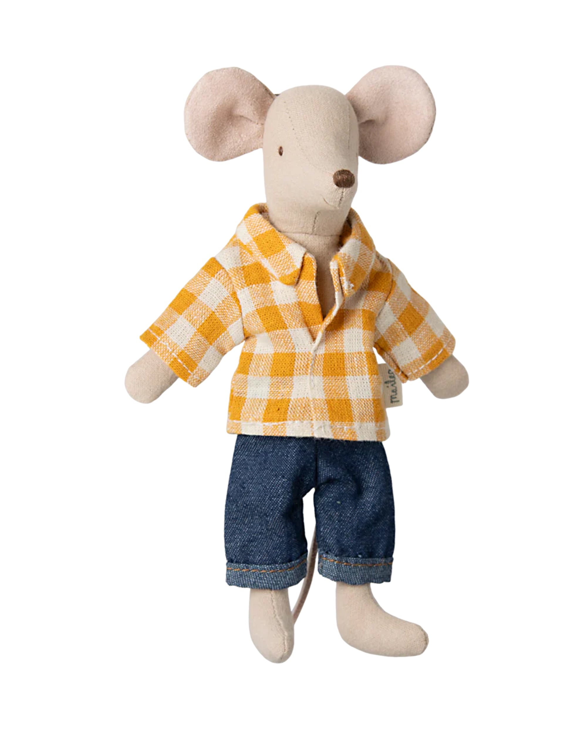 Maileg Dad Mouse by Maileg is a soft toy dressed in a yellow and white checkered shirt and blue jeans, posed standing upright with arms slightly outstretched.