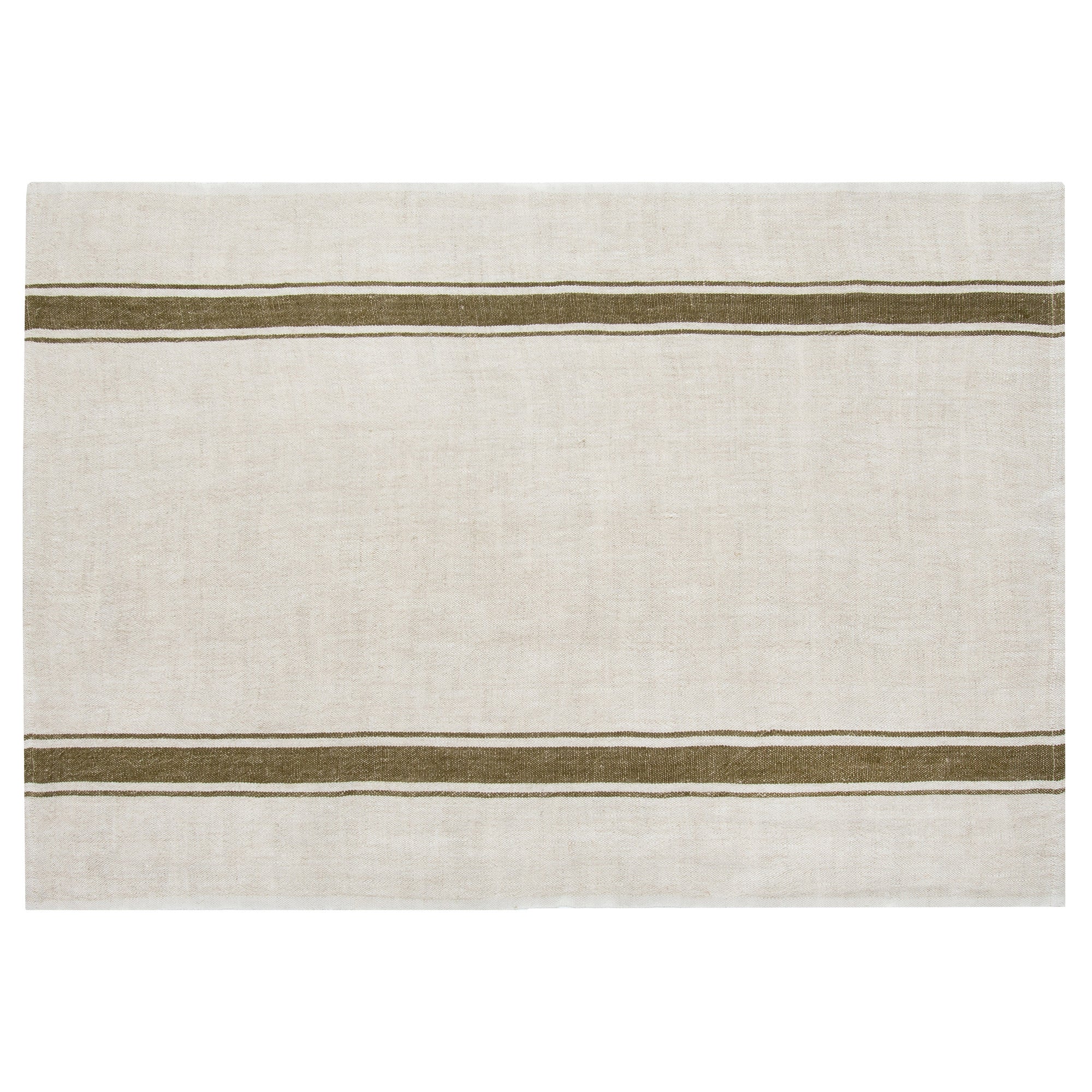 The Faire CH Tea Towels S/2 feature a rectangular beige design with two parallel olive green stripes near the top and bottom edges, inspired by the minimalistic charm of French country tea towels.
