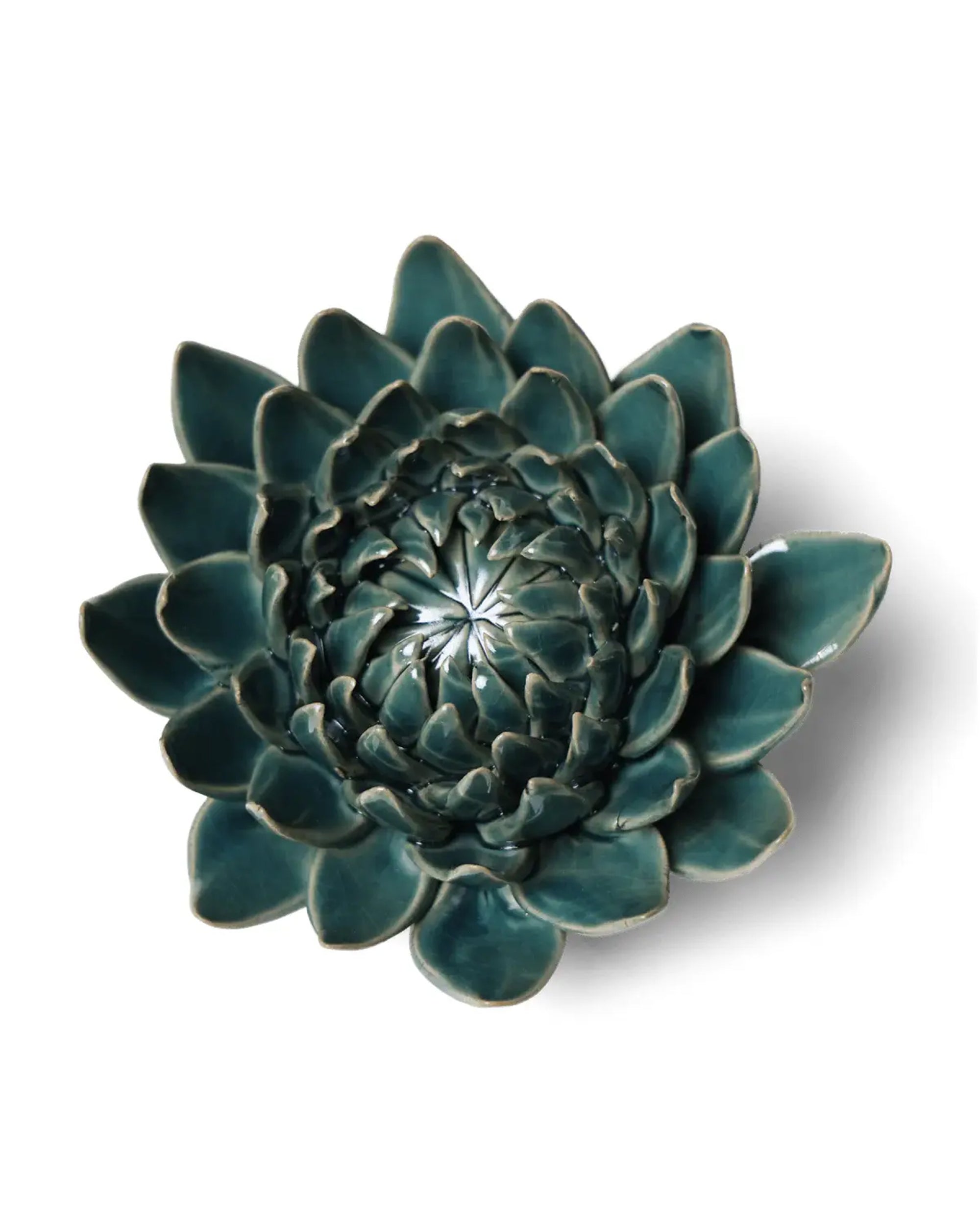 Dahlia Teal by Chive Ceramics (thru Faire) is a dark green ceramic succulent ornament with layered, glossy petals—perfect as handmade pottery or a personalized gift, shown against a white background.