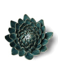 Dahlia Teal by Chive Ceramics (thru Faire) is a dark green ceramic succulent ornament with layered, glossy petals—perfect as handmade pottery or a personalized gift, shown against a white background.