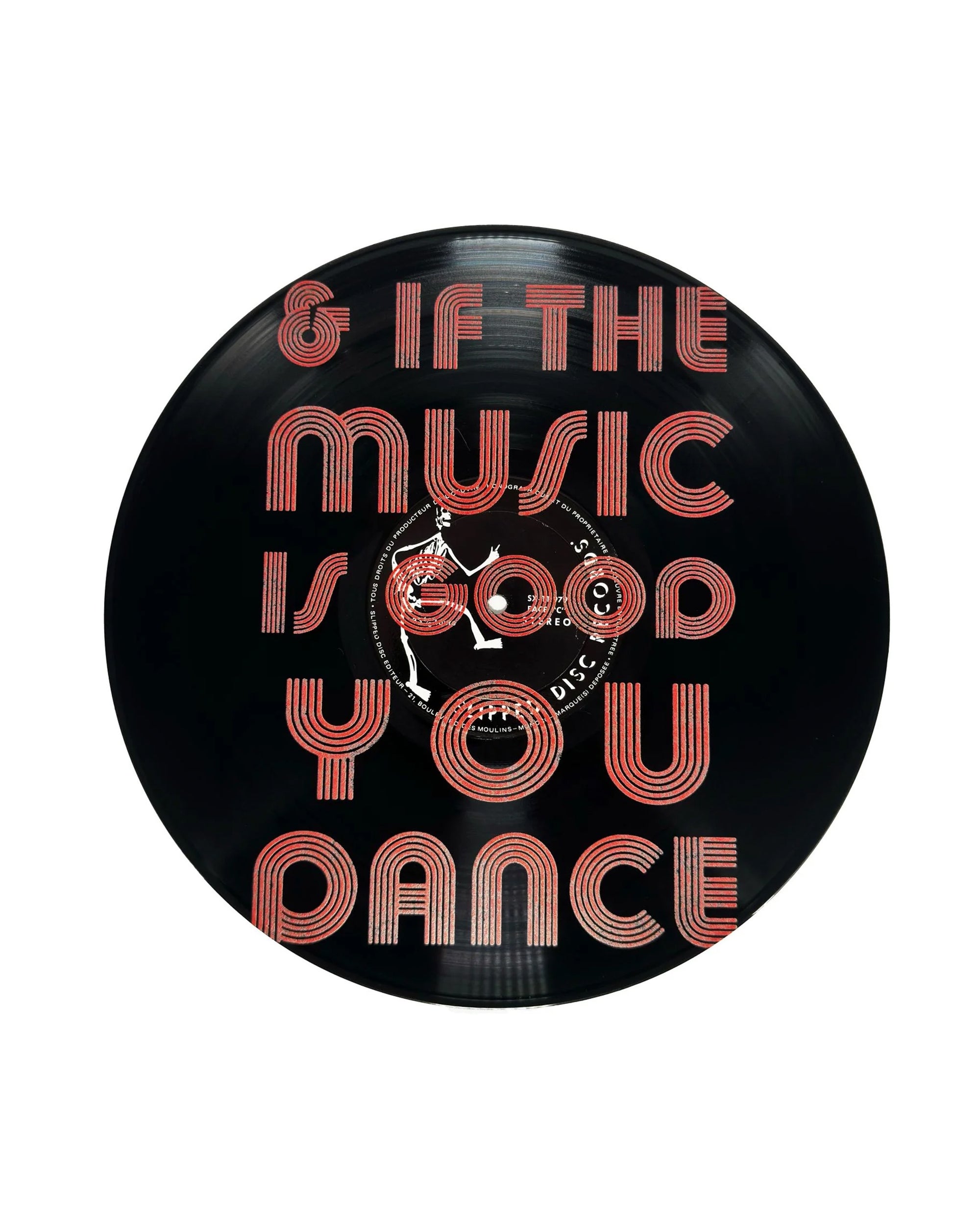 The "And If The Music is Good Vinyl Record" by Sugarboo Designs features bold red and white striped text—an eye-catching wall art piece, perfect for any music lover’s space.