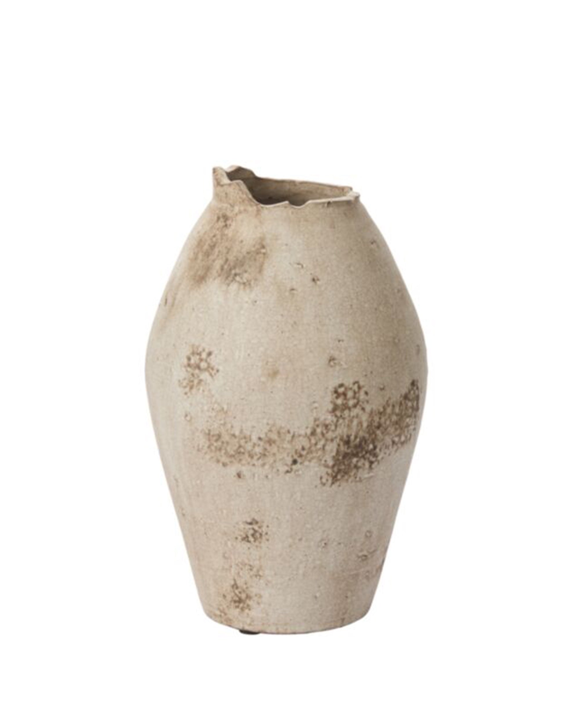 Beige Danez vase with a weathered finish, brown stains, and chipped rim by Accent Decor on white background.