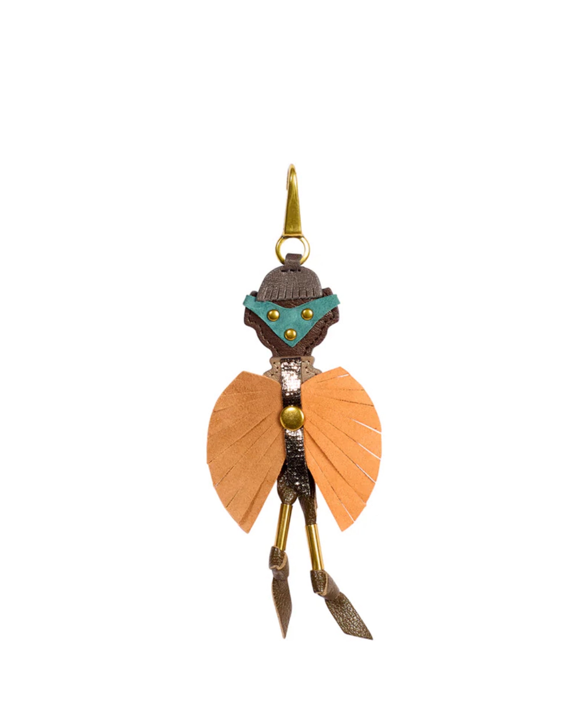 The Daniel Multico Charm by Jerome Dreyfuss features a turquoise mask, gold accents, and orange wings—an artistic keyring or carabiner bag charm that adds whimsical style to your leather bag accessory collection.