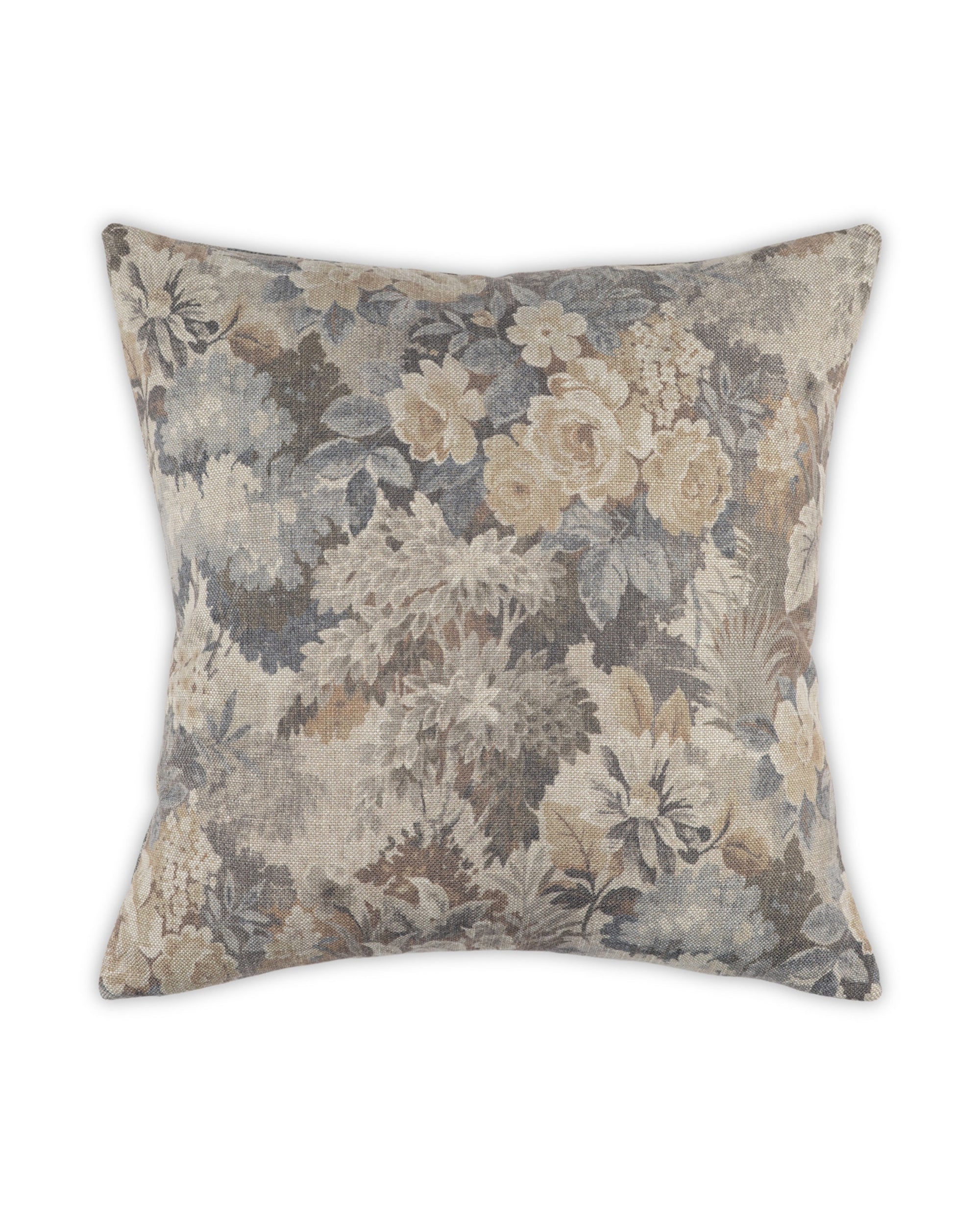 The Moss Studio Daphne Pillow features a square linen-look design with vintage-inspired blue, beige, and gray floral patterns on a crisp white background, adding classic elegance to any space.