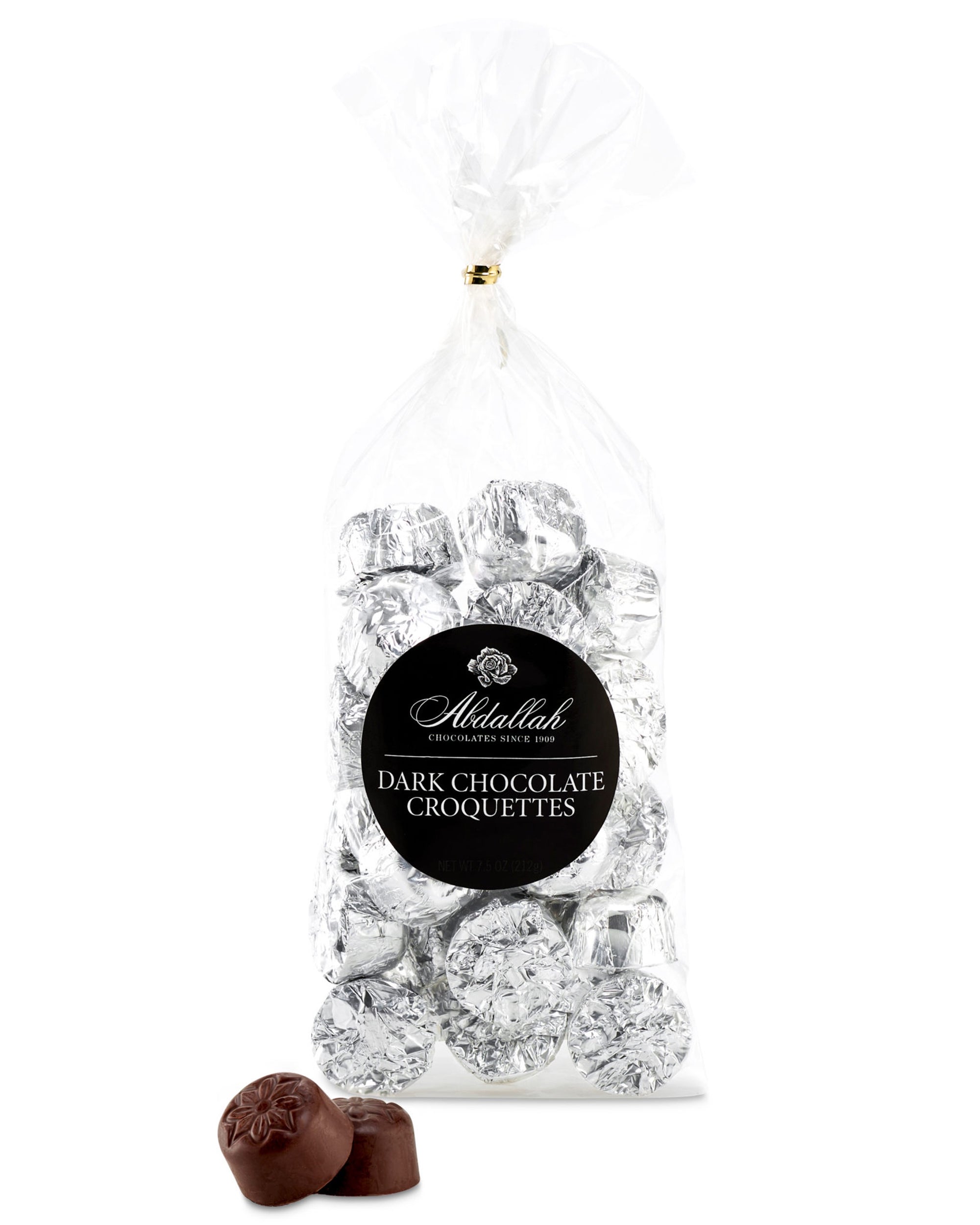 A clear bag of Abdallah Dark Chocolate Croquettes, each foil-wrapped, with two unwrapped pieces displayed in front. Gluten free.