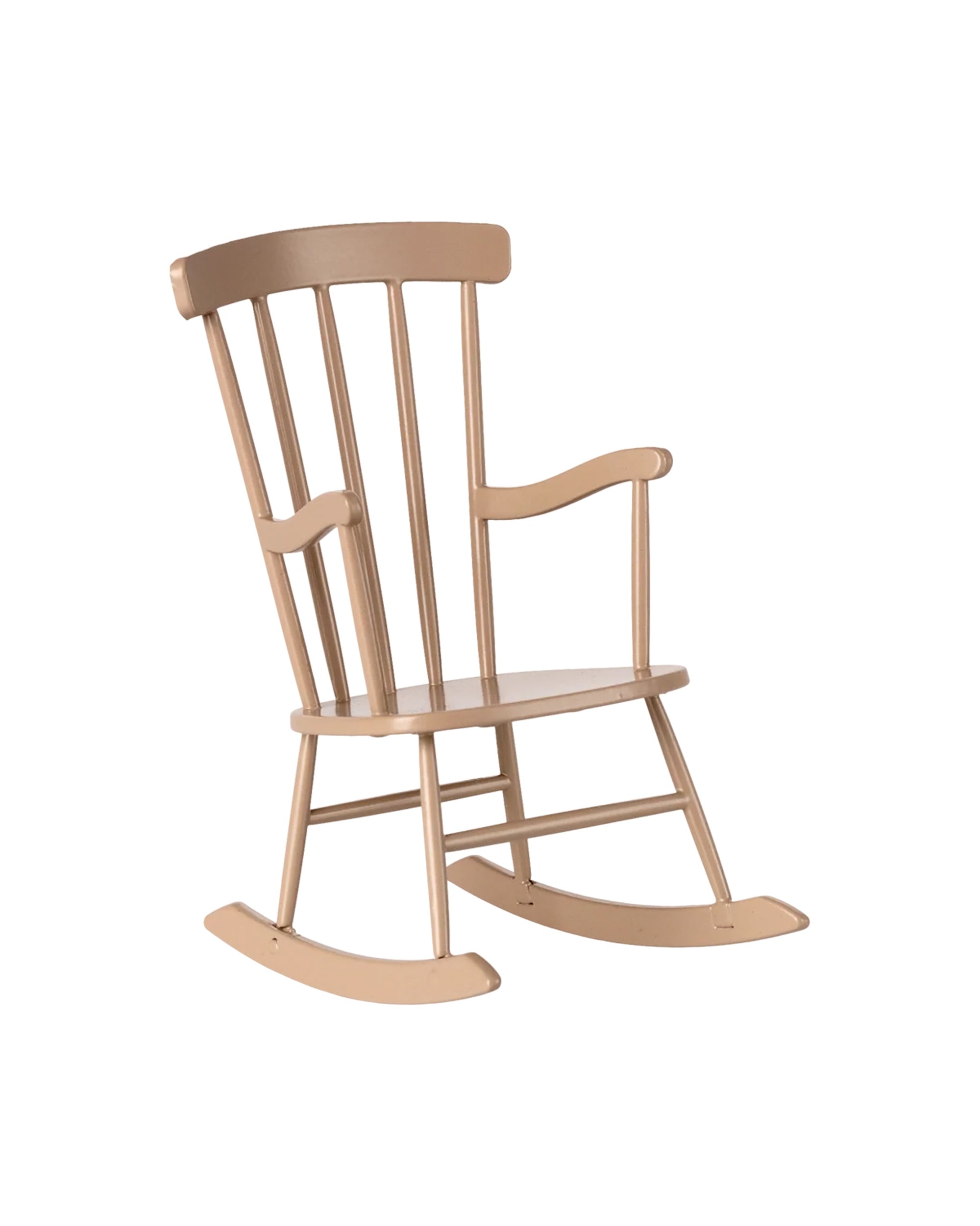 Light brown wood miniature rocking chair with vertical slats by Maileg, perfect for dollhouse furniture.