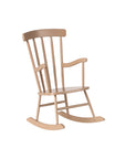 Light brown wood miniature rocking chair with vertical slats by Maileg, perfect for dollhouse furniture.