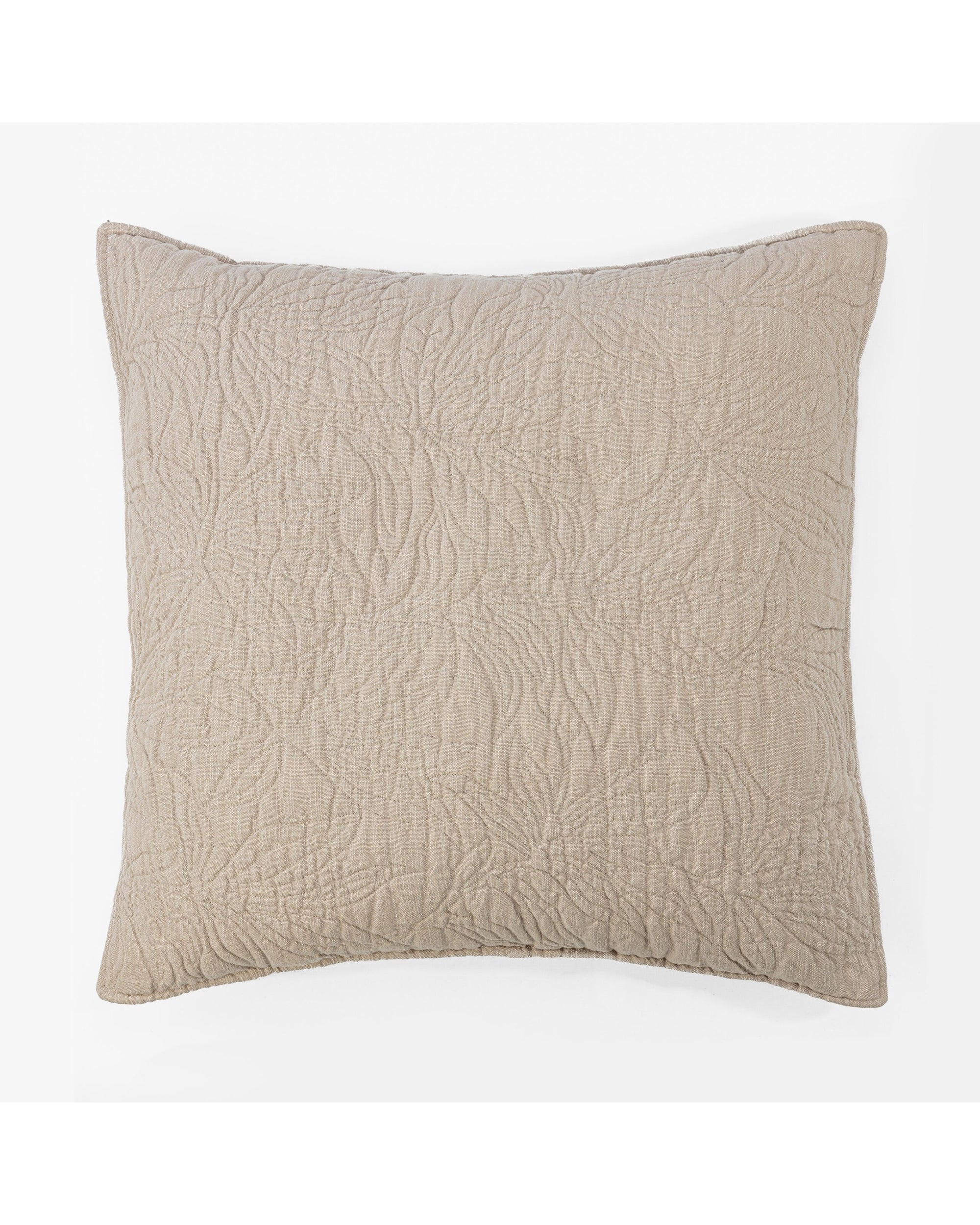 The Davina Sham Euro by Amity Home is a beige cover with subtle leaf-patterned stitching, sized 26x26 inches. Pillow insert not included. Displayed on a white background.