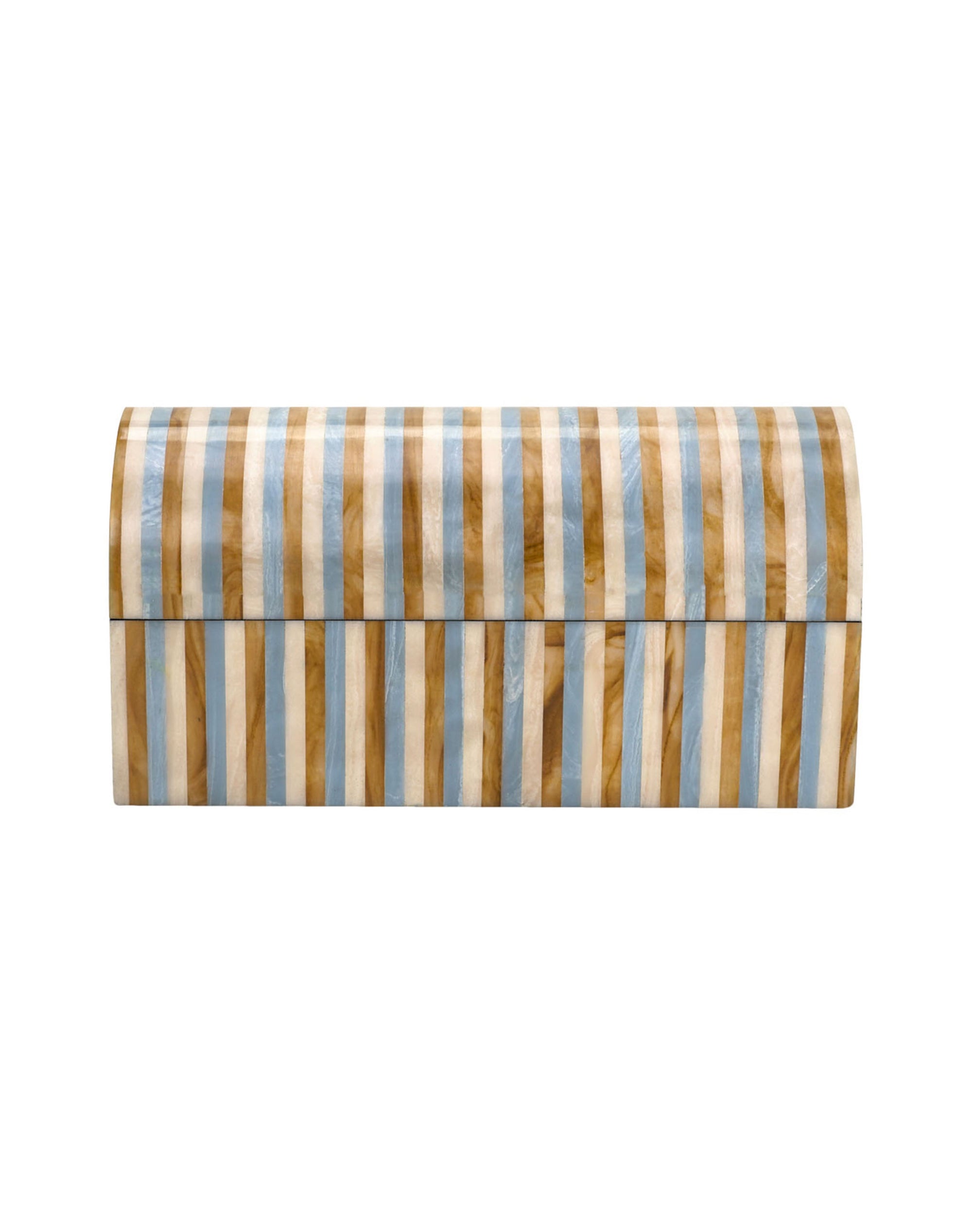 The Daxton Box by The Import Collection is a rectangular box (14"L x 6"W x 7.5"H) with a dome lid, featuring alternating light wood and white vertical stripes, shown against a white background.