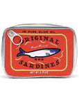 The Sardine's Tin Can Gift Cosmetic Bag by Faire resembles a sardine tin with a red background and blue fish illustration, featuring "Original Sardines in Pure Olive Oil" text and "Net Wt. 3.75 oz." Cleverly designed, it includes a pull-tab detail.