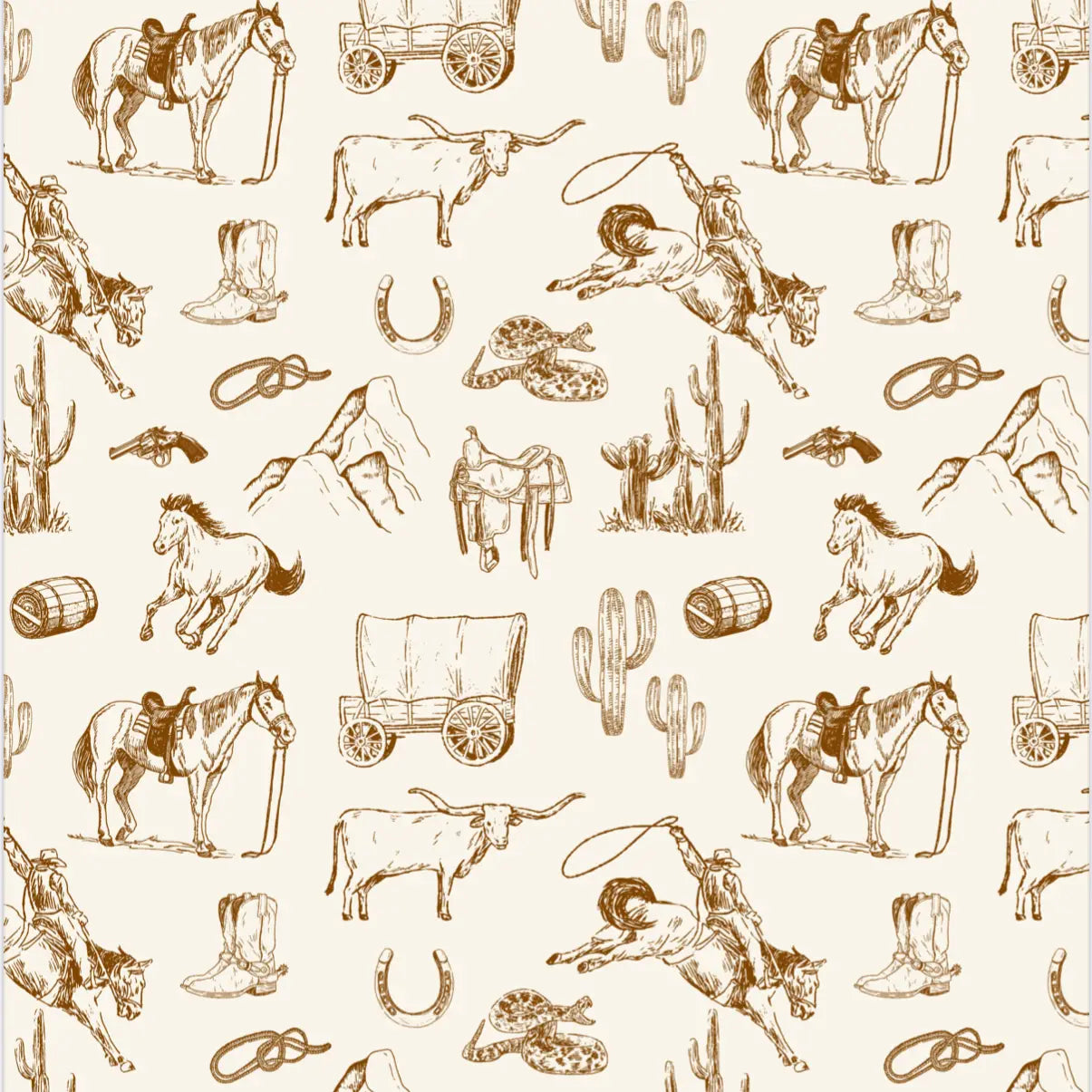 The Faire Double Sided Hand Towel features a seamless Western-themed pattern with cowboy and horse sketches on light beige—ideal for an eco-friendly holiday addition or as a waffle weave microfiber accessory.