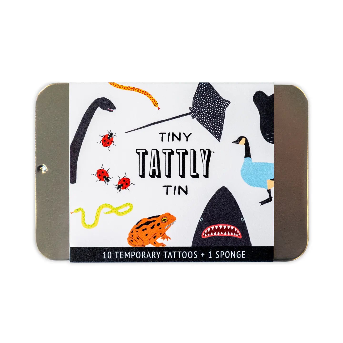 The Faire Tattly Tattoo Tin is a metal tin with cute animal illustrations, containing 10 Tattly Temporary Tattoos and 1 sponge—everything you need for endless fake tattoo fun.