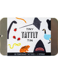 The Faire Tattly Tattoo Tin is a metal tin with cute animal illustrations, containing 10 Tattly Temporary Tattoos and 1 sponge—everything you need for endless fake tattoo fun.