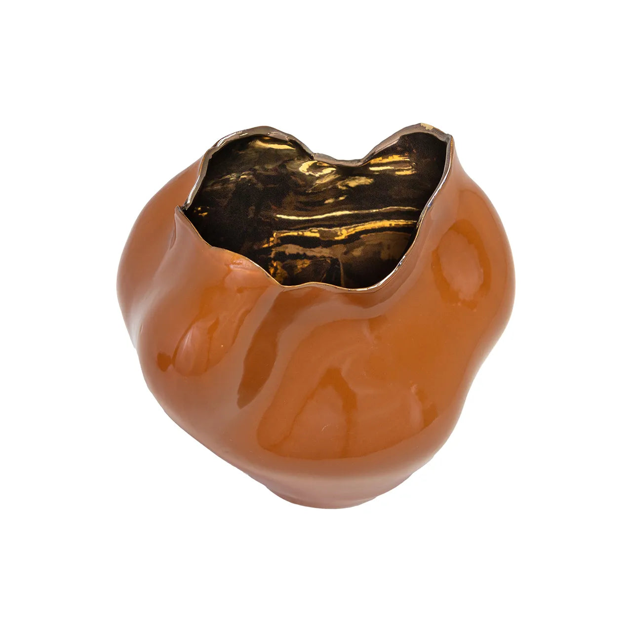 The Abitar Vase by The Import Collection features a shiny, irregular orange shape with a wavy rim and dark reflective interior—perfect for modern home decor—shown on a white background.