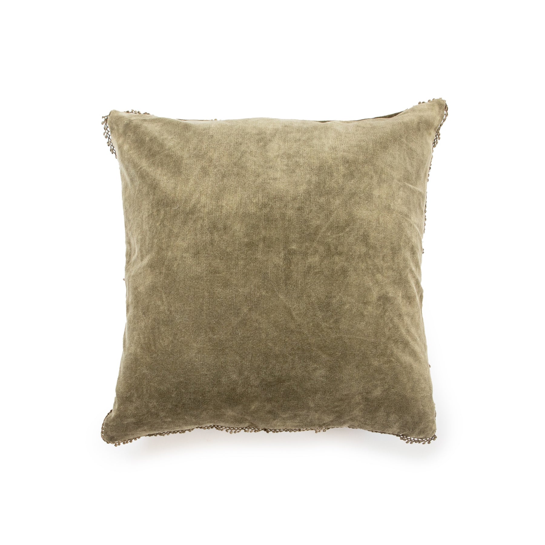 The Velvet Pillow W/ Poms by Sugarboo Designs features a square olive green velvet cover with decorative pom trim, displayed against a white background—ideal for mixing with other colorful throw pillows.