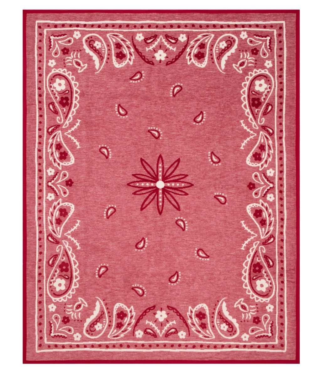 The Faire Vintage Bandana Blanket features a red rectangular design with white and dark red paisley, floral, and teardrop motifs, a starburst center, and double border for nostalgic American style.