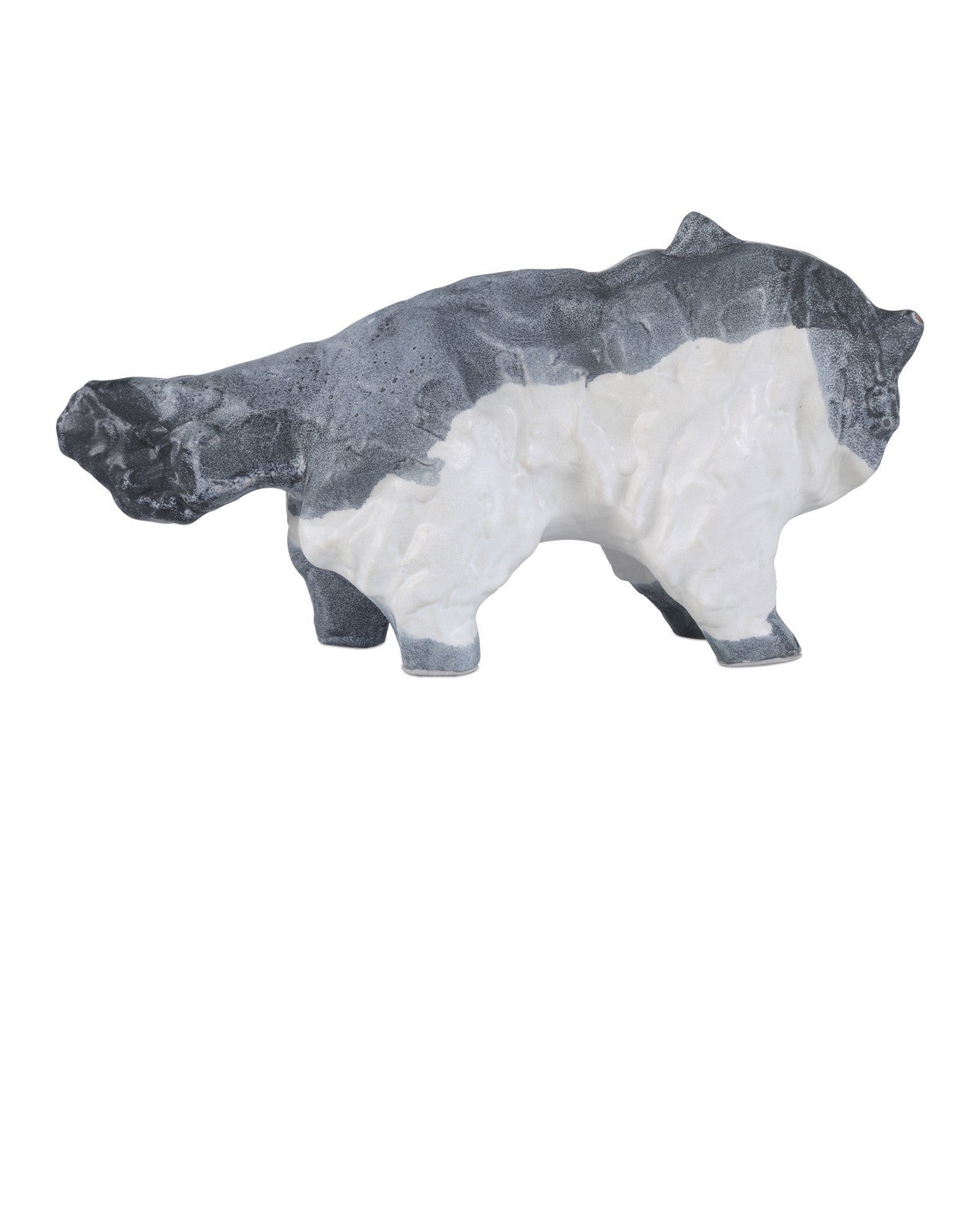 The Siamese Cat by Currey & Company, Inc. is a hand-painted ceramic sculpture with a rough texture, showcasing a side-profile cat with its tail raised and decorated in black, gray, and white tones.