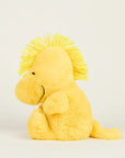 The Woodstock Warmies by Warmies/Intelex is a microwavable plush of Peanuts' yellow bird, featuring fuzzy fur, a yarn hair tuft, stitched black eyes, and a gentle lavender scent for comforting sensory relief.
