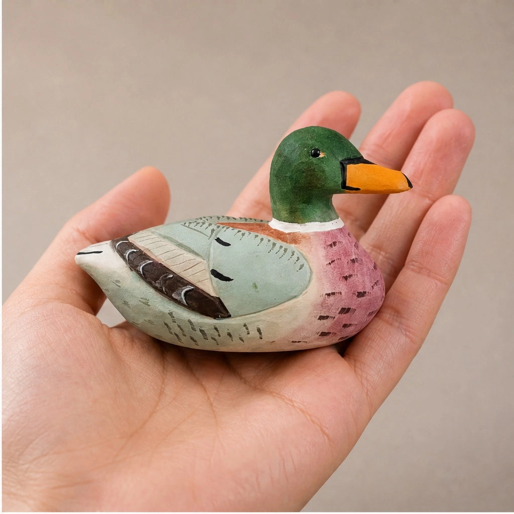 Pink hand-painted carved basswood duck by Faire held in hand, perfect rustic accent for Bungalow Furniture &amp; Accessories.
