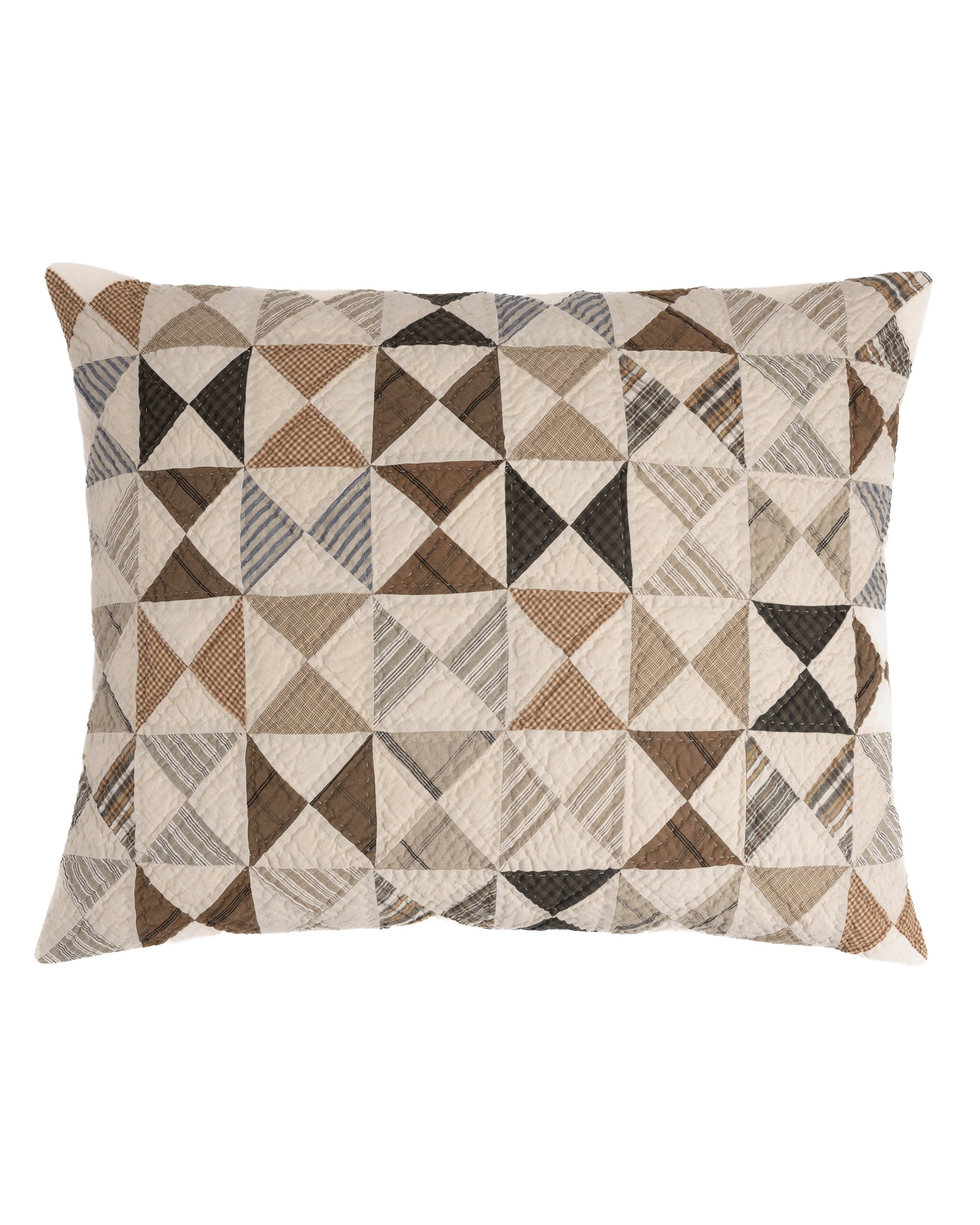 The Decker Dutch Euro Pillow by Amity Home features a hand-quilted patchwork of small triangles in brown, beige, black, and gray, creating a refined geometric pattern across its rectangular surface.