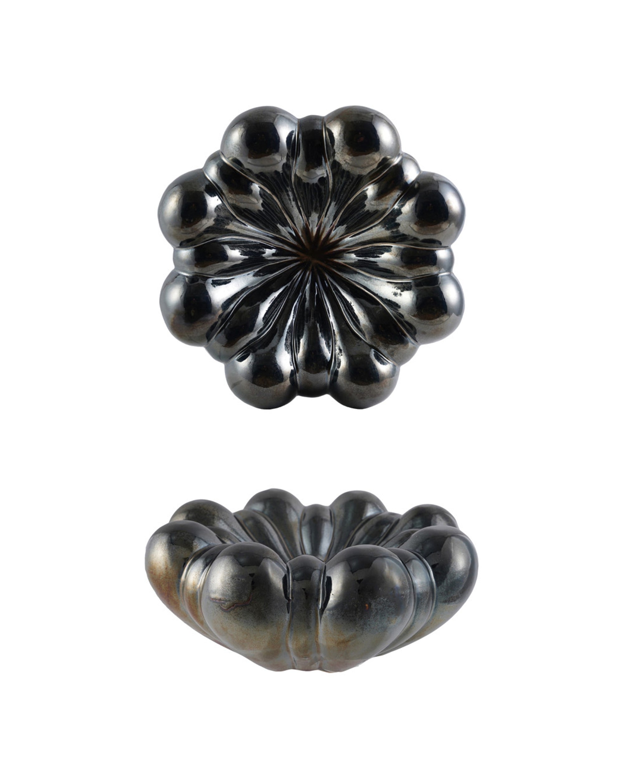A Deco Stoneware Bowl by Bloomingville is displayed from the top and side on a white background, showcasing its rounded, flower-like form with petal-shaped segments curving inward and a metallic bronze finish.