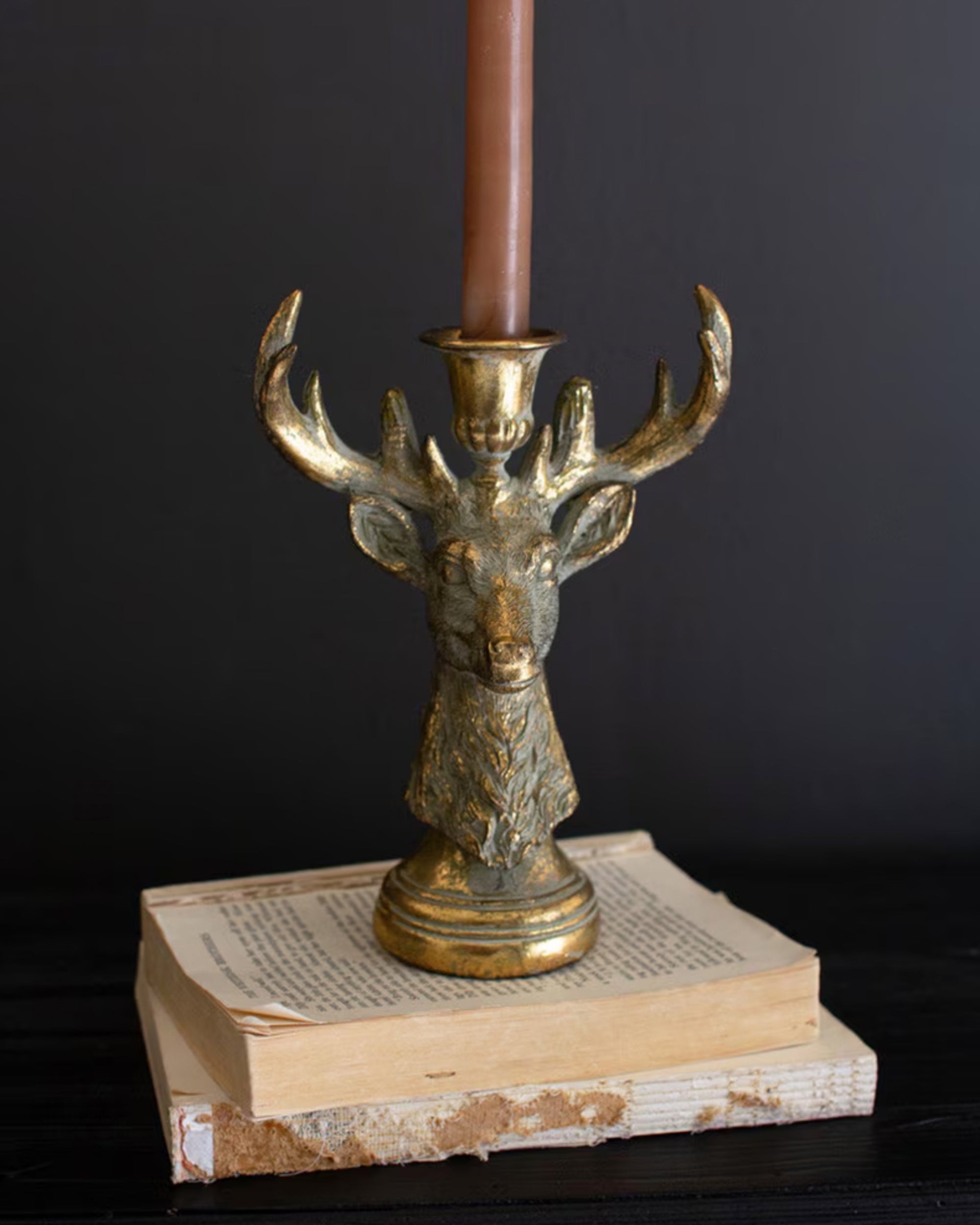 Deer-shaped metal candle holder by Kalalou on stacked vintage books, rustic accent for cabin or lodge decor.