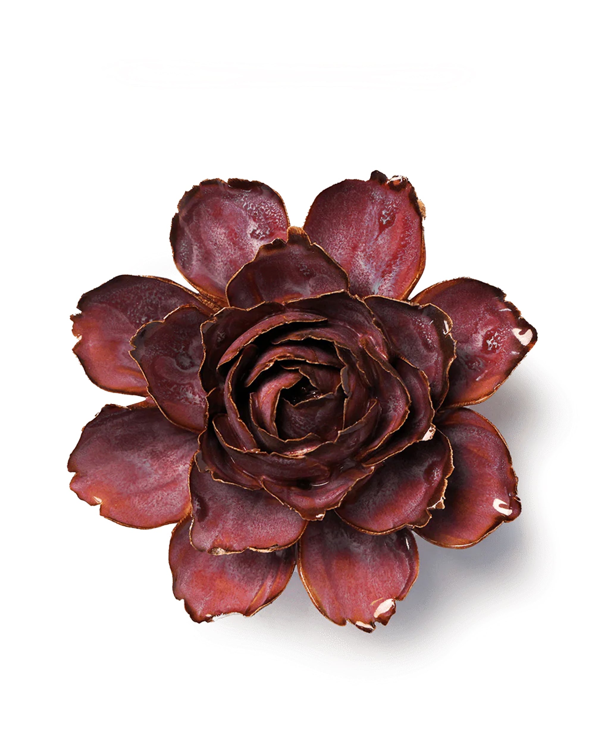 The Dewberry Camellia by Chive Ceramics (thru Faire) features a single dark purple succulent with thick, rounded petals, photographed from above on white—perfect as unique ceramic flower wall art or a bold statement piece for your decor.