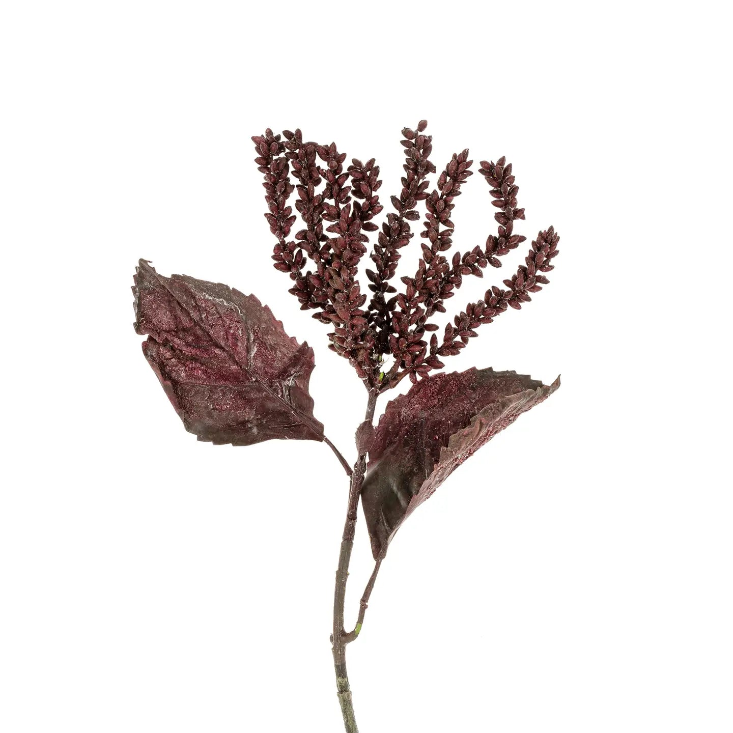 The Indaba Dripping Seed Stem is a lifelike artificial greenery with two large dark burgundy leaves and clusters of small maroon buds, resembling a faux botanical cascading seed stem, shown on a white background.