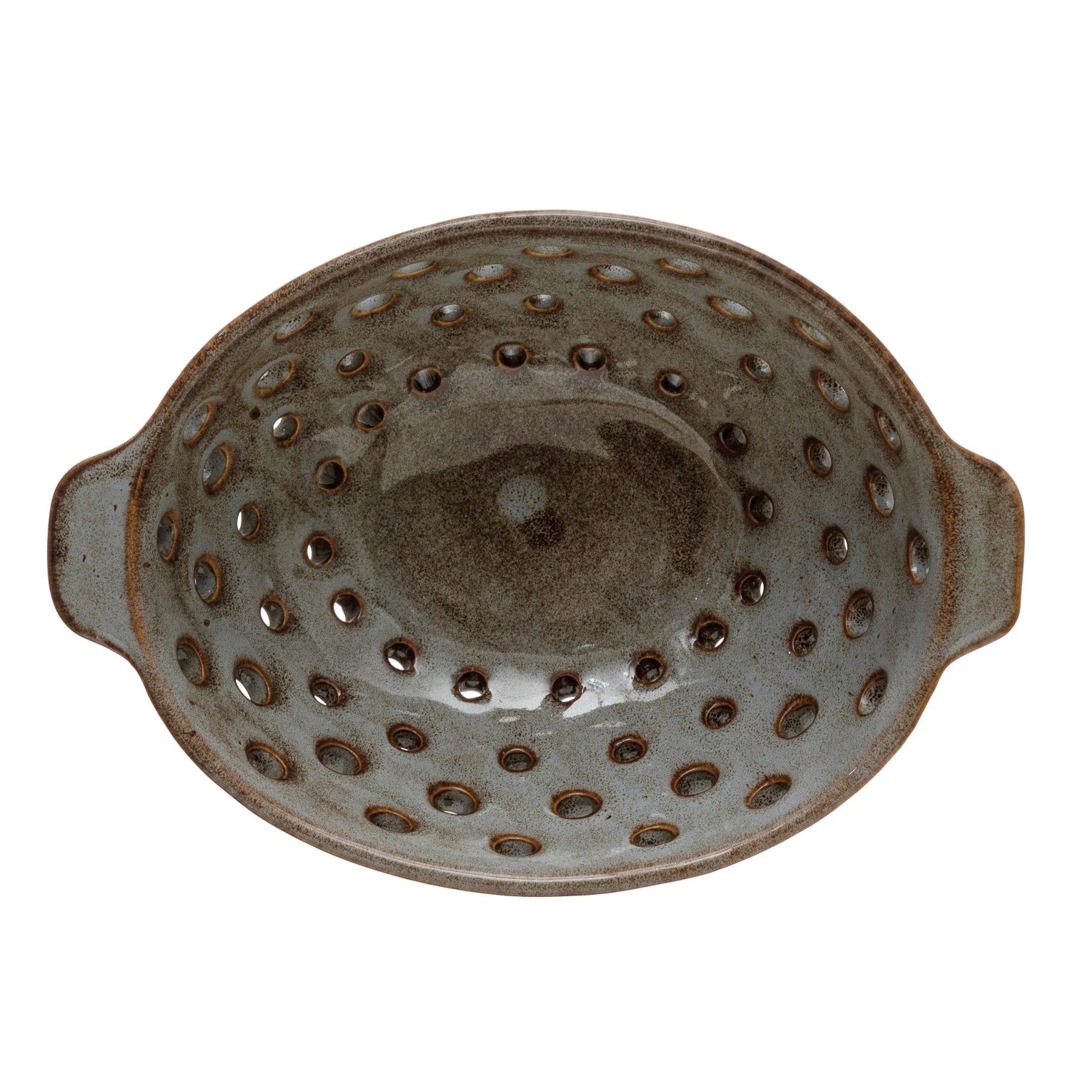The Creative Co-op Berry Bowl with Glaze is an oval stoneware bowl with two side handles, multiple drainage holes, and a speckled brown and gray reactive glaze finish.