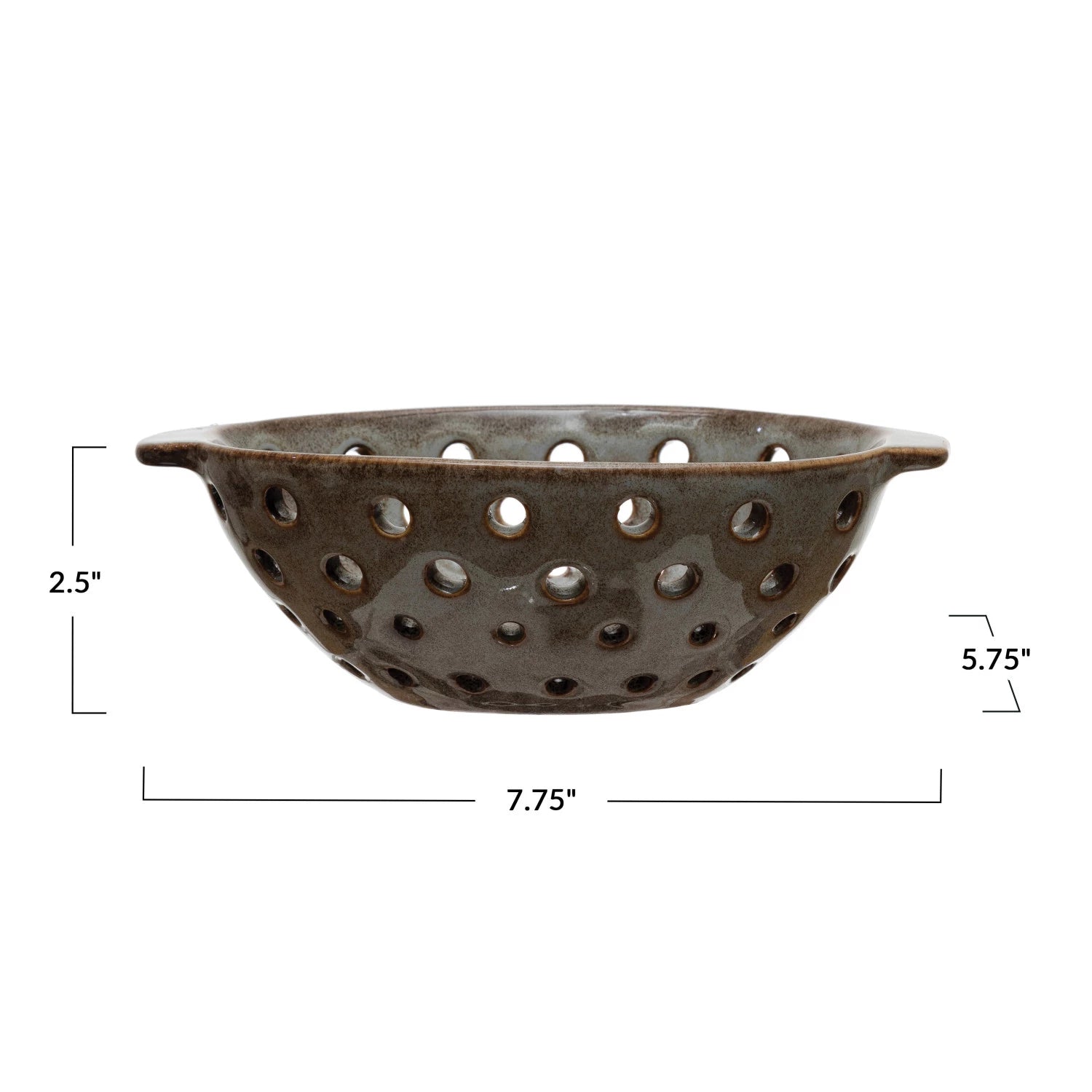 The Creative Co-op Berry Bowl with Glaze is a stoneware colander with large round holes, measuring 2.5" tall, 5.75" wide, and 7.75" long—perfect for washing berries. Shown here from the side.
