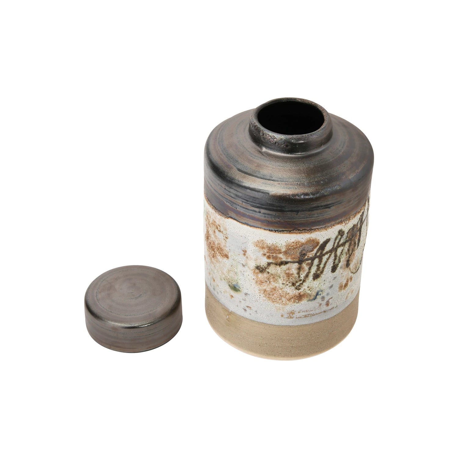 The Creative Co-op Ginger Jar features earthy brown, beige, and gray tones with a rustic, textured design and decorative markings on white. It includes a removable lid and showcases a reactive glaze finish.