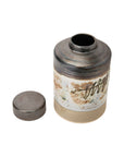 The Creative Co-op Ginger Jar features earthy brown, beige, and gray tones with a rustic, textured design and decorative markings on white. It includes a removable lid and showcases a reactive glaze finish.