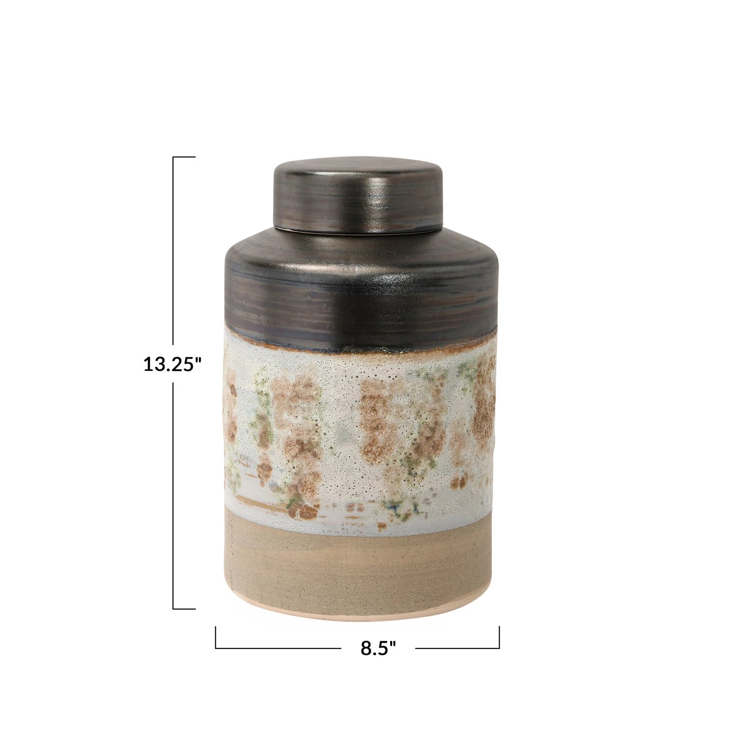 The Creative Co-op Ginger Jar is a hand-painted stoneware piece with a lid, featuring brown, beige, and white floral motifs. It measures 13.25" tall by 8.5" wide.