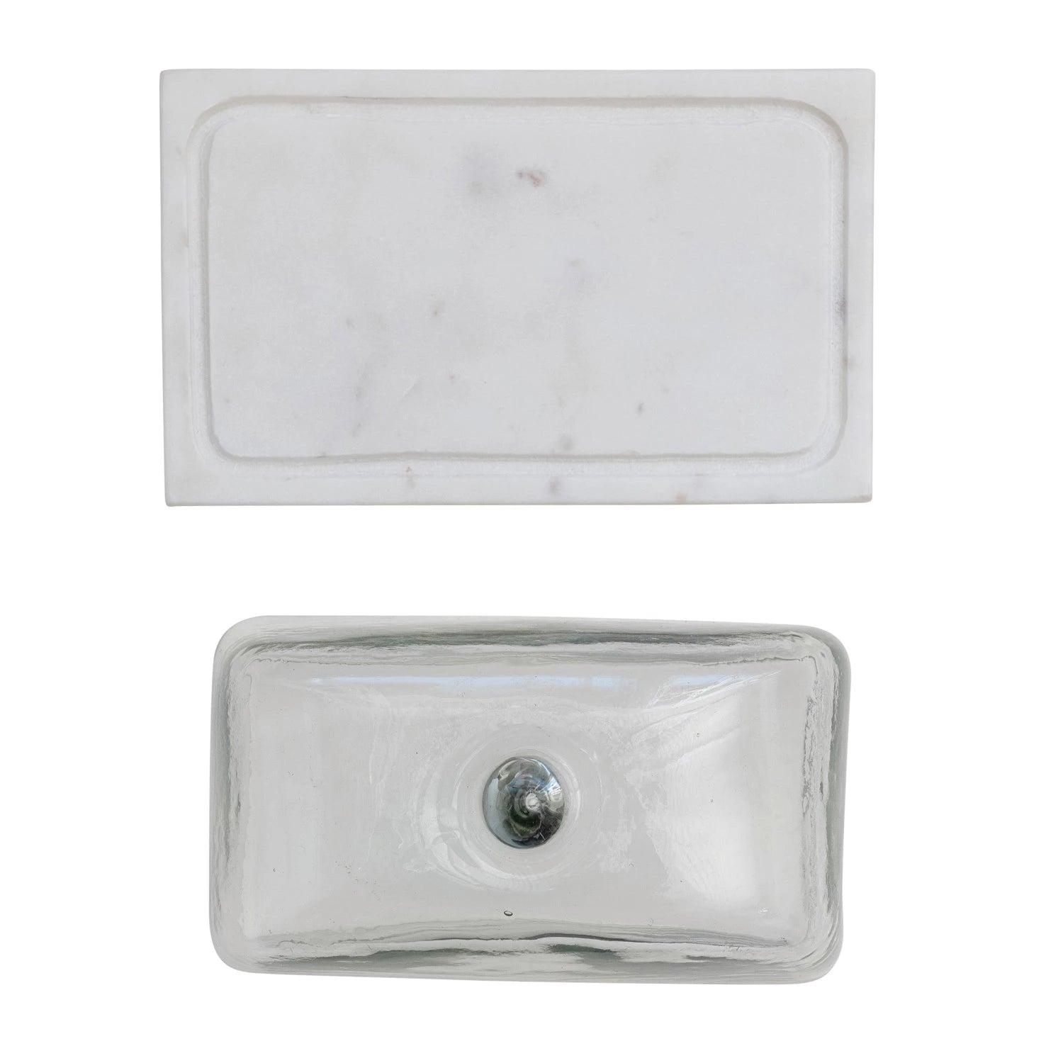 Creative Co-op’s Glass Cloche White Marble L features a clear glass dome paired with a rectangular white marble tray, showcased from above on a white background—an elegant pairing for refined kitchen and food storage inspiration.