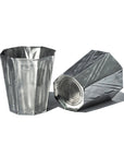 Two metallic Steel Trashcans from Faire, made of recycled steel with riveted seams and shiny silver surfaces—one upright, one on its side—are displayed against a white background, highlighting their industrial design.