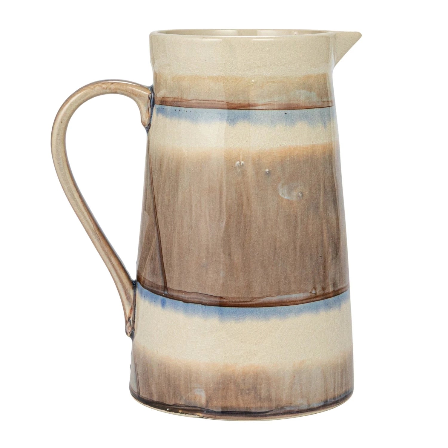 The Creative Co-op Pitcher w/ Stripes features a curved handle, glazed earthy brown, beige, and blue tones, plus a small pouring spout—perfect rustic serveware for any table.
