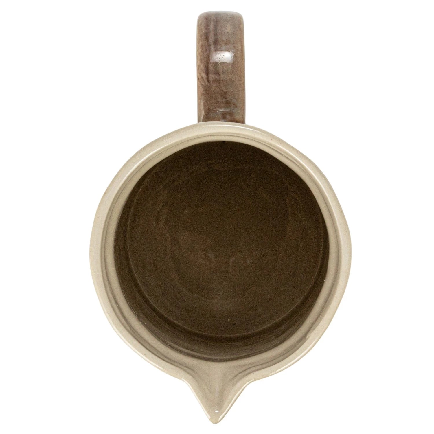 A top-down view of the Creative Co-op Pitcher w/ Stripes, featuring a beige stoneware body with a pointed spout and brown handle, isolated on a white background.