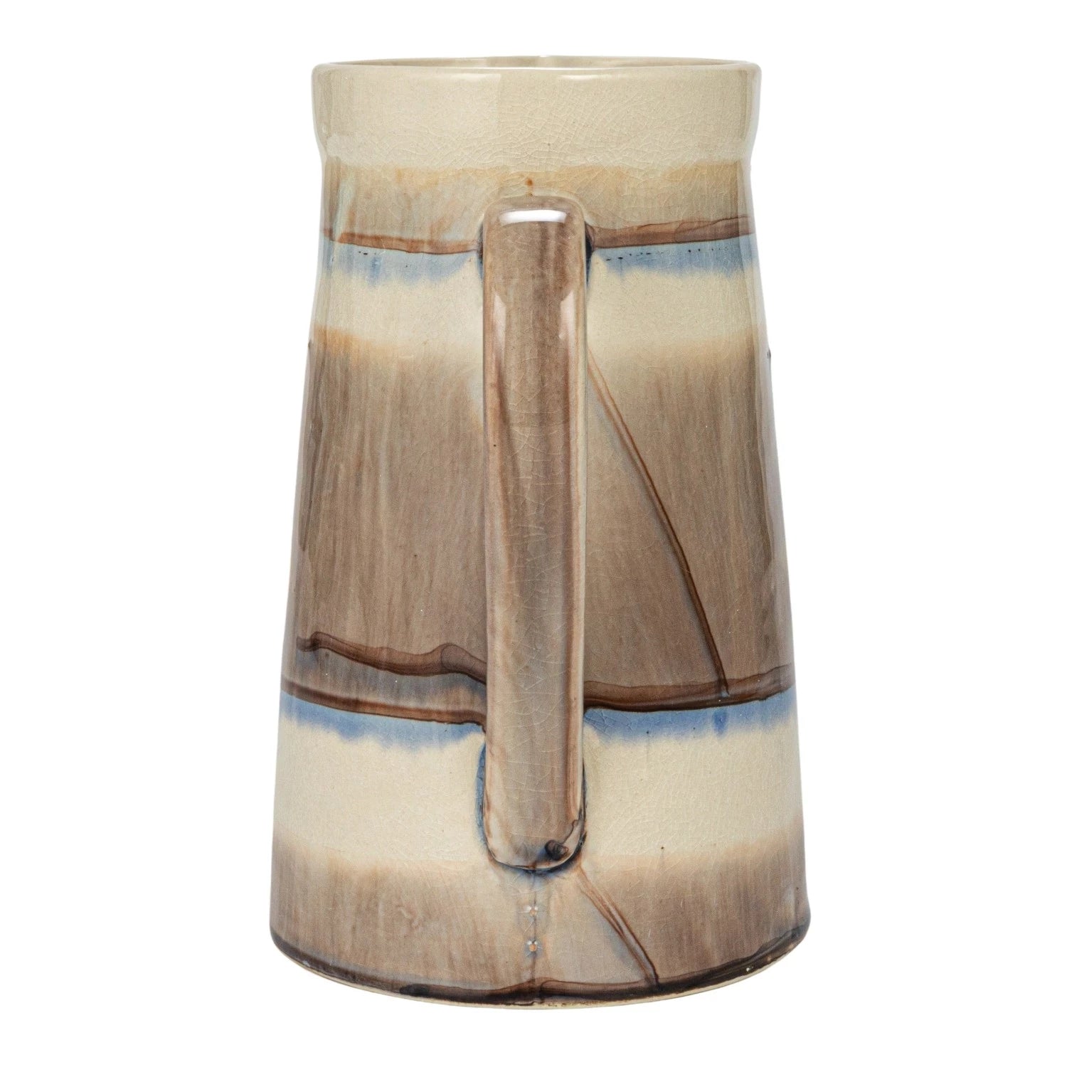 The Creative Co-op Pitcher w/ Stripes is a tall, cylindrical stoneware pitcher with a handle, featuring beige and brown glaze with blue and cream bands. Its glossy finish gives rustic charm to your serveware collection.