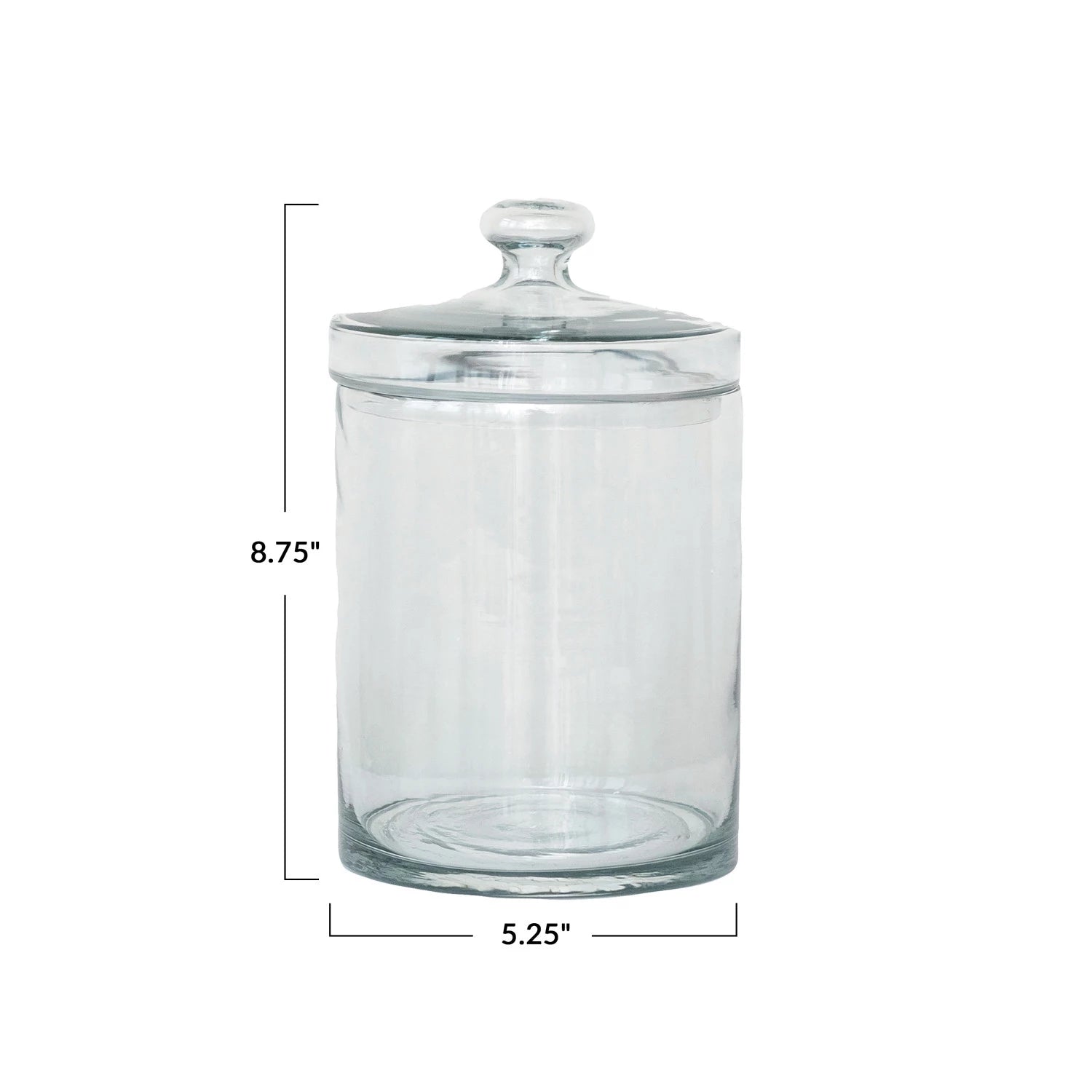 The Creative Co-op DF9421 Glass Jar w/ Lid features a knob handle, measures 8.75" tall by 5.25" in diameter, and is perfect for kitchen storage or decor—shown on a plain white background with measurement lines.