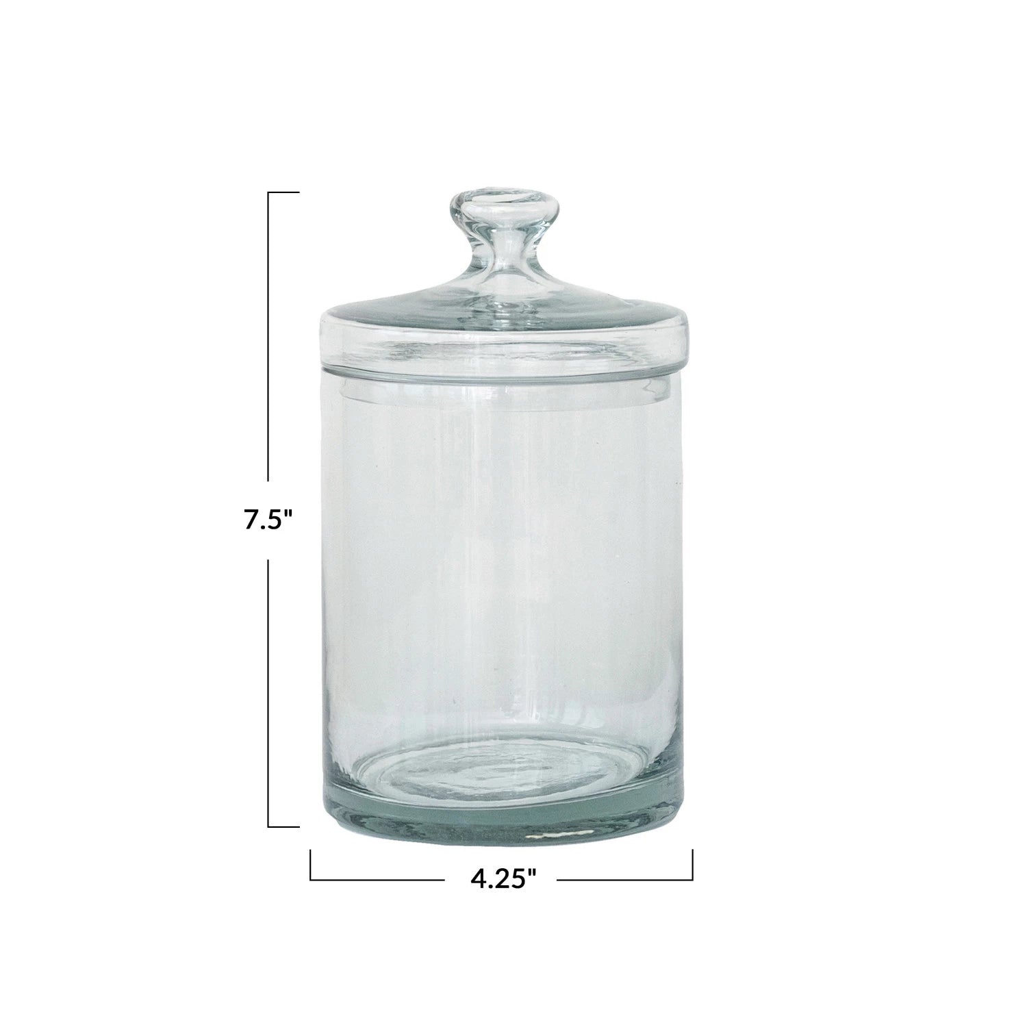 The Creative Co-op Glass Jar w/ Lid Small is featured, measuring 7.5" tall and 4.25" in diameter, with measurement lines and labels shown.